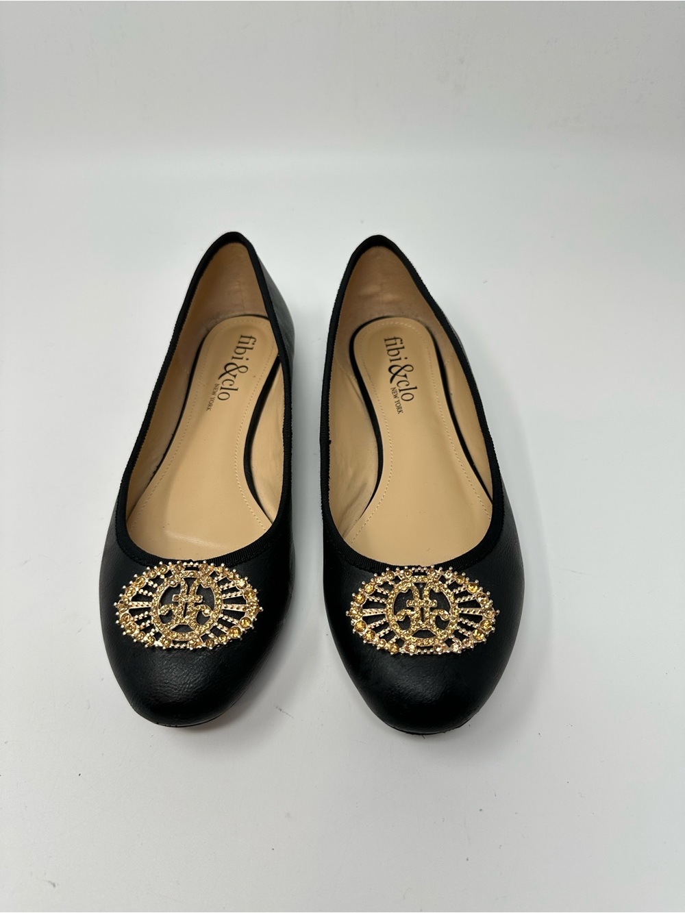 Fibi & Clo Audrey Black Ballet Flats Crystal Logo Women's Size 9